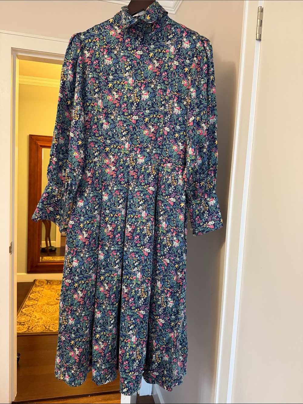 Floral Navy Long-Sleeve Midi Dress